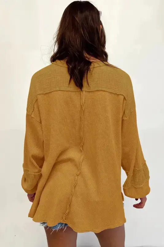 Exposed Seam Waffle Knit Top - Bubble Sleeve - Fashionfitz