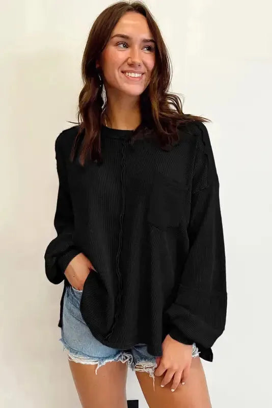 Exposed Seam Waffle Knit Top - Bubble Sleeve - Fashionfitz