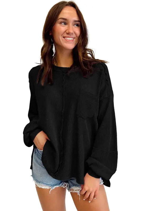 Exposed seam waffle knit top | women’s sweatshirts | fashionfitz