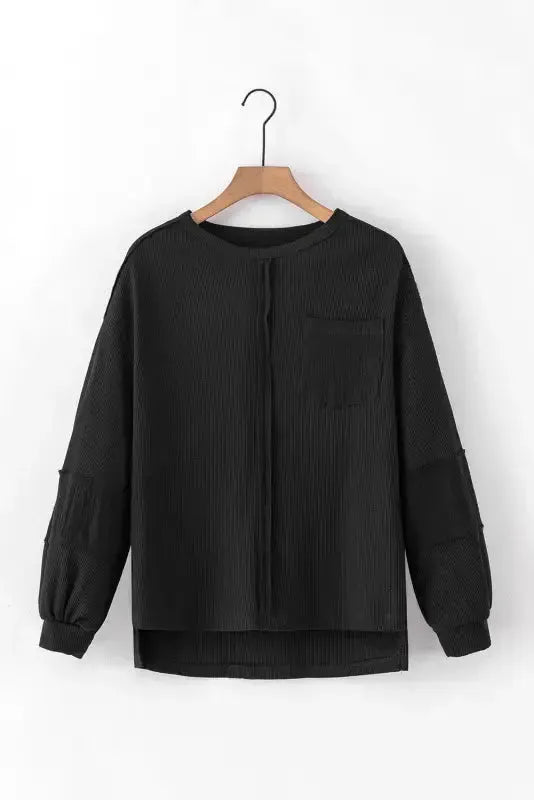 Exposed Seam Waffle Knit Top - Bubble Sleeve - Fashionfitz