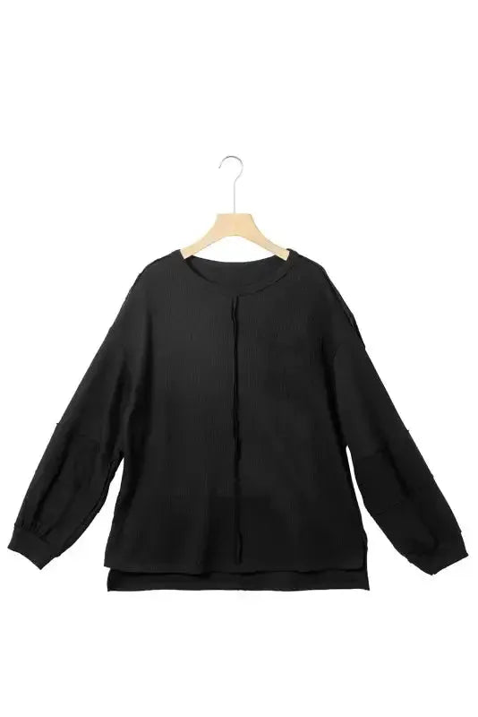 Exposed Seam Waffle Knit Top - Bubble Sleeve - Fashionfitz