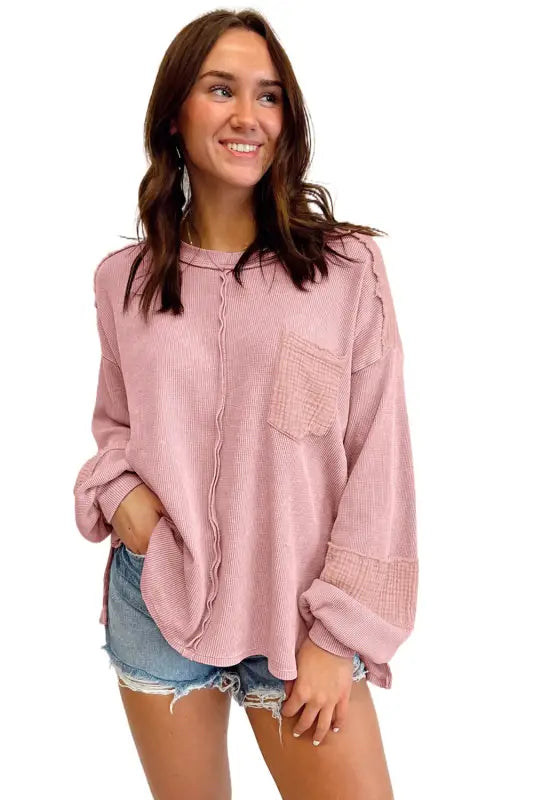 Exposed seam waffle knit top | women’s sweatshirts | fashionfitz