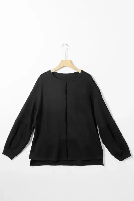 Exposed Seam Waffle Knit Top - Bubble Sleeve - Fashionfitz