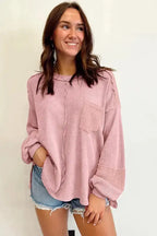 Exposed Seam Waffle Knit Top - Bubble Sleeve - Fashionfitz