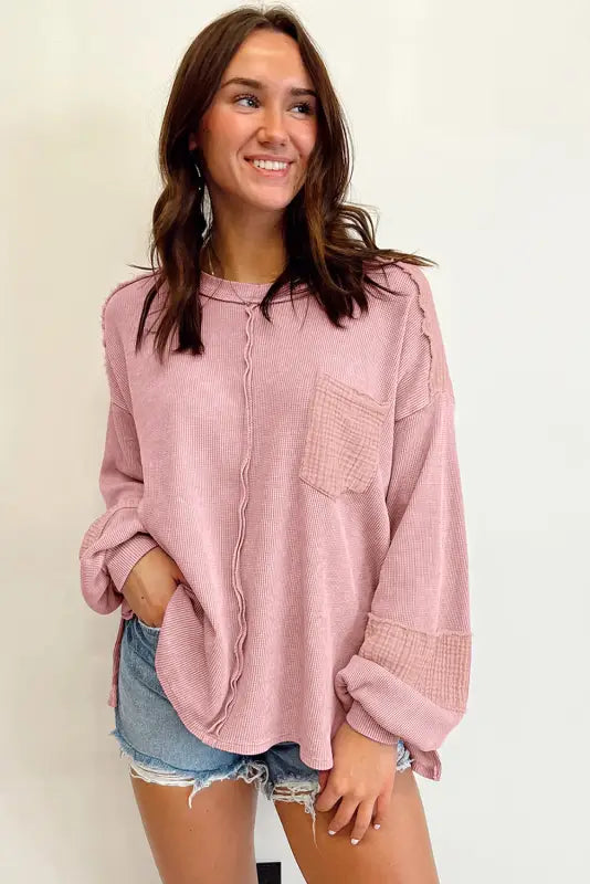 Exposed seam waffle knit top | women’s sweatshirts | fashionfitz