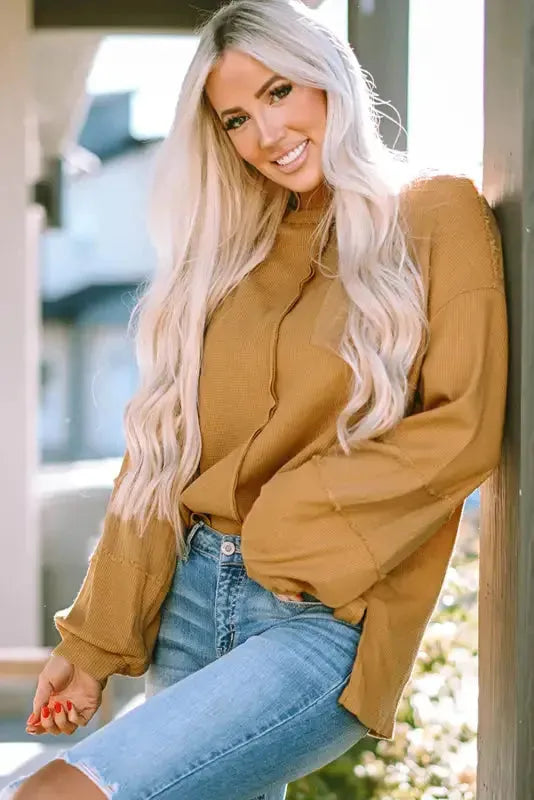 Exposed Seam Waffle Knit Top - Bubble Sleeve - Fashionfitz