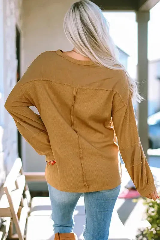 Exposed Seam Waffle Knit Top - Bubble Sleeve - Fashionfitz