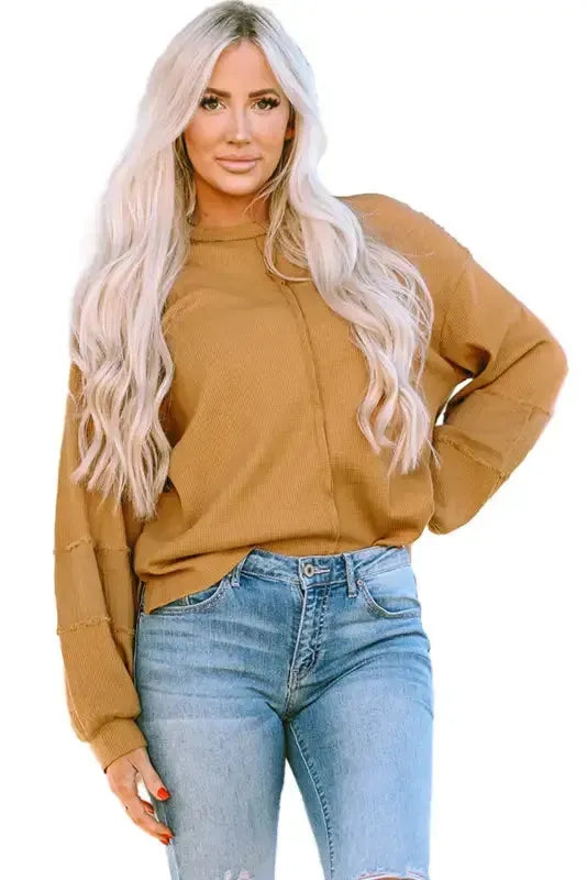 Exposed Seam Waffle Knit Top - Bubble Sleeve - Fashionfitz