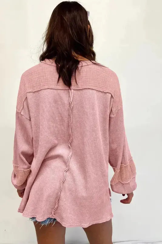 Exposed Seam Waffle Knit Top - Bubble Sleeve - Fashionfitz