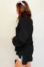 Exposed Seam Waffle Knit Top - Bubble Sleeve - Fashionfitz