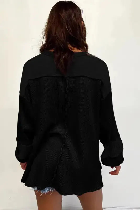 Exposed Seam Waffle Knit Top - Bubble Sleeve - Fashionfitz