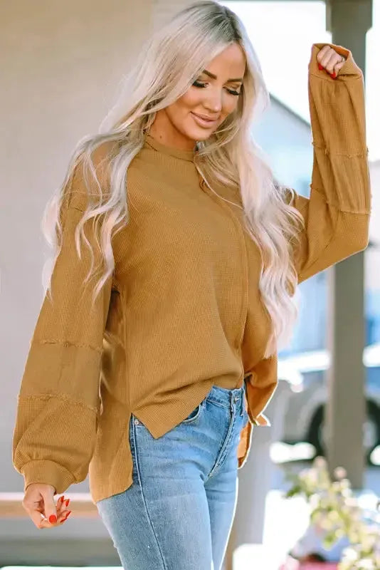 Exposed Seam Waffle Knit Top - Bubble Sleeve - Fashionfitz