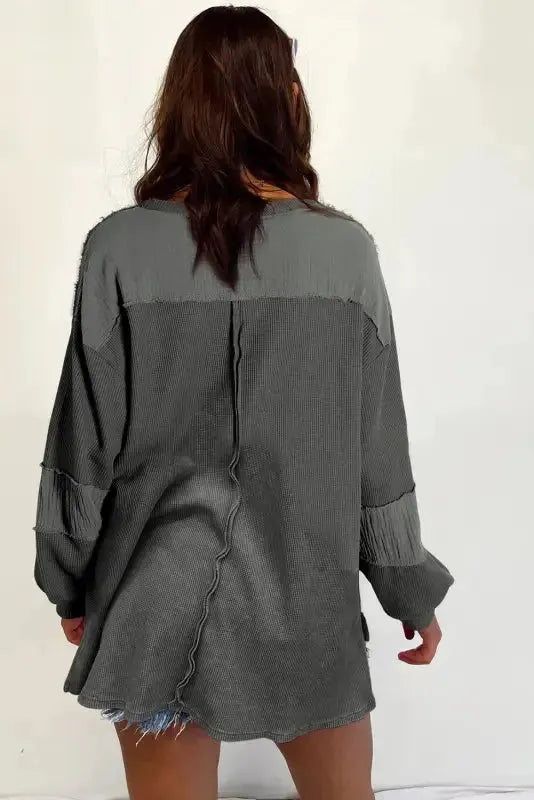 Exposed Seam Waffle Knit Top - Bubble Sleeve - Fashionfitz