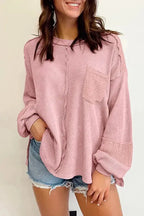 Exposed Seam Waffle Knit Top - Bubble Sleeve - Fashionfitz