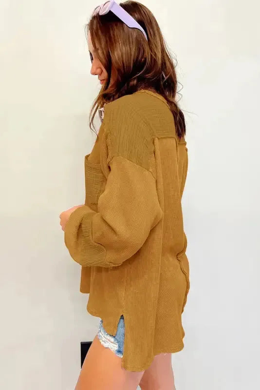 Exposed Seam Waffle Knit Top - Bubble Sleeve - Fashionfitz