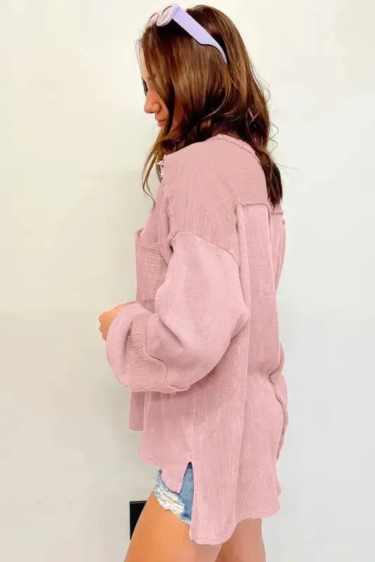 Exposed Seam Waffle Knit Top - Bubble Sleeve - Fashionfitz