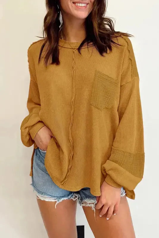 Exposed Seam Waffle Knit Top - Bubble Sleeve - Fashionfitz