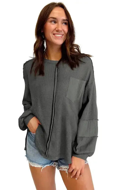 Exposed Seam Waffle Knit Top - Bubble Sleeve - Fashionfitz