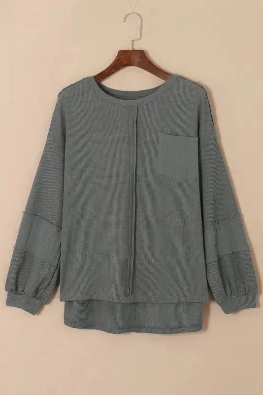 Exposed Seam Waffle Knit Top - Bubble Sleeve - Fashionfitz