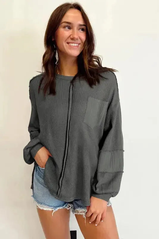 Exposed Seam Waffle Knit Top - Bubble Sleeve - Fashionfitz