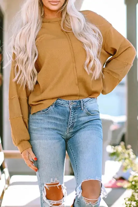 Exposed Seam Waffle Knit Top - Bubble Sleeve - Fashionfitz