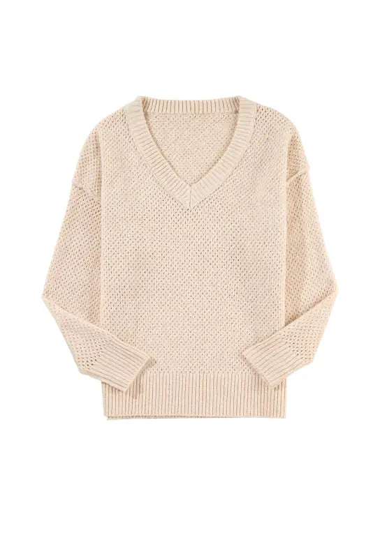 Eyelet elegance drop: beige knit v-neck sweater with long sleeves and textured pattern