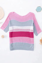 Eyelet Knit Striped Half Sleeves Top - Fashionfitz