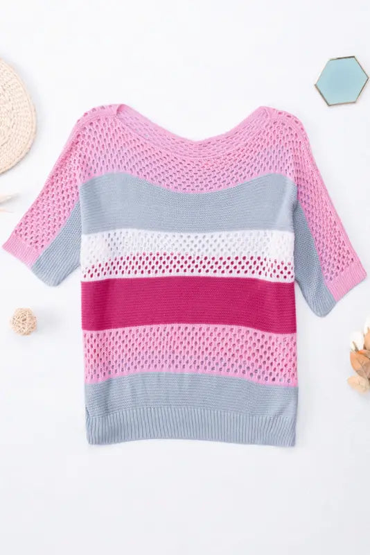 Eyelet knit striped half sleeves top - short sleeve sweaters