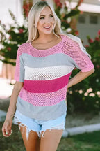Eyelet Knit Striped Half Sleeves Top - Fashionfitz