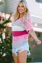 Eyelet Knit Striped Half Sleeves Top - Fashionfitz