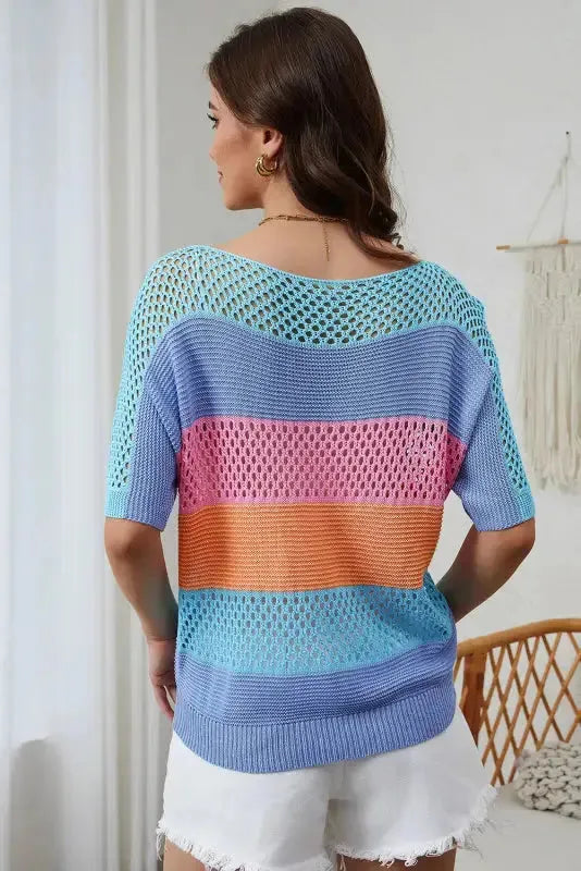 Eyelet Knit Striped Half Sleeves Top - Fashionfitz