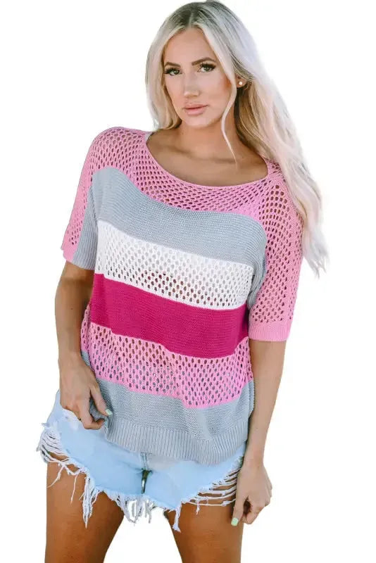 Eyelet Knit Striped Half Sleeves Top - Fashionfitz
