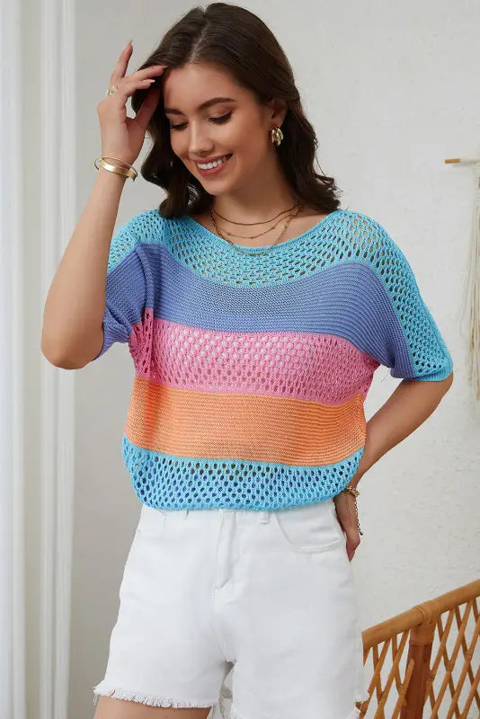 Eyelet knit striped half sleeves top - short sleeve sweaters