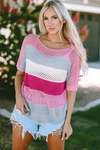 Eyelet Knit Striped Half Sleeves Top - Fashionfitz