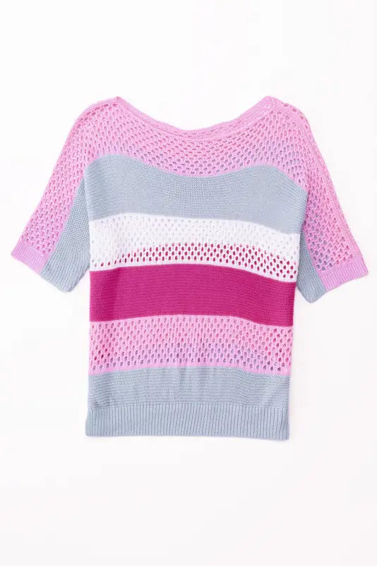 Eyelet knit striped half sleeves top - short sleeve sweaters