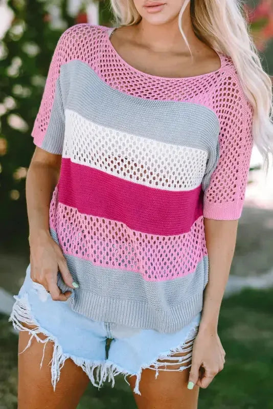 Eyelet Knit Striped Half Sleeves Top - Fashionfitz