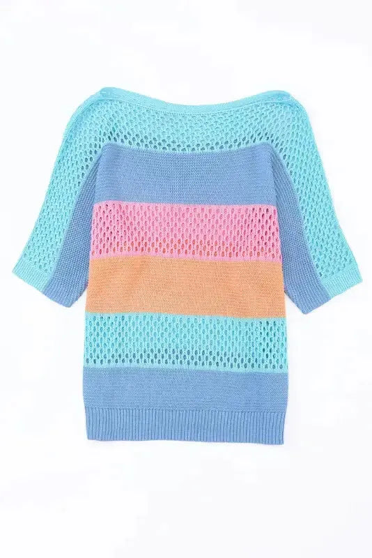 Eyelet Knit Striped Half Sleeves Top - Fashionfitz