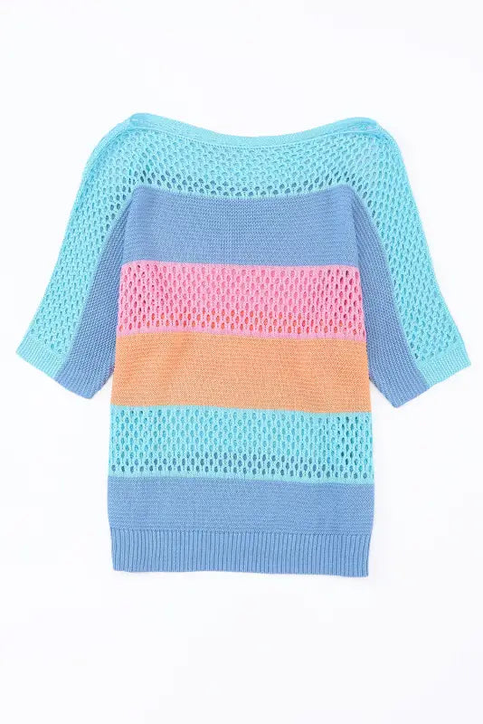 Eyelet knit striped half sleeves top - short sleeve sweaters