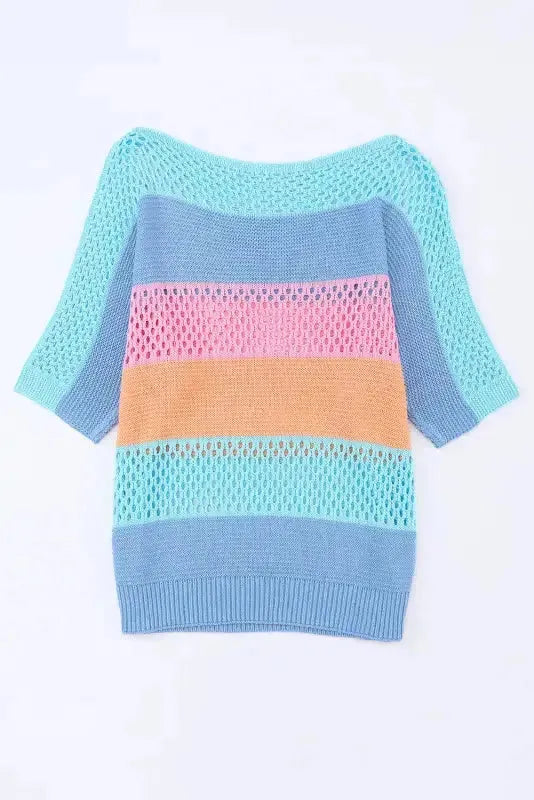 Eyelet Knit Striped Half Sleeves Top - Fashionfitz