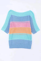 Eyelet Knit Striped Half Sleeves Top - Fashionfitz