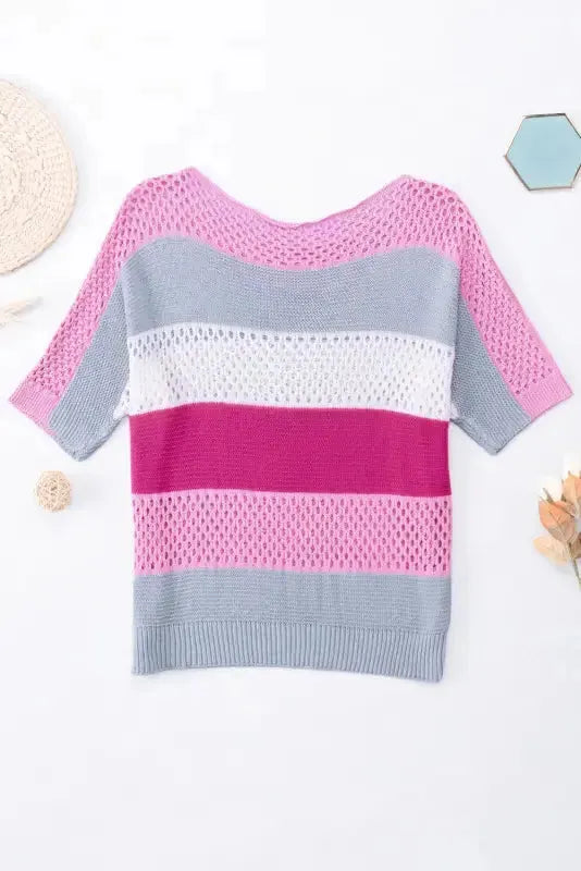 Eyelet Knit Striped Half Sleeves Top - Fashionfitz