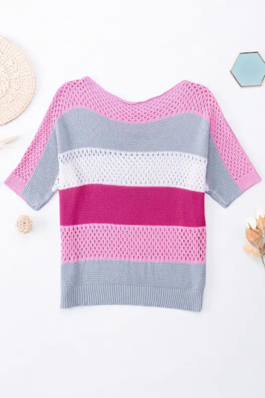 Eyelet knit striped half sleeves top - short sleeve sweaters