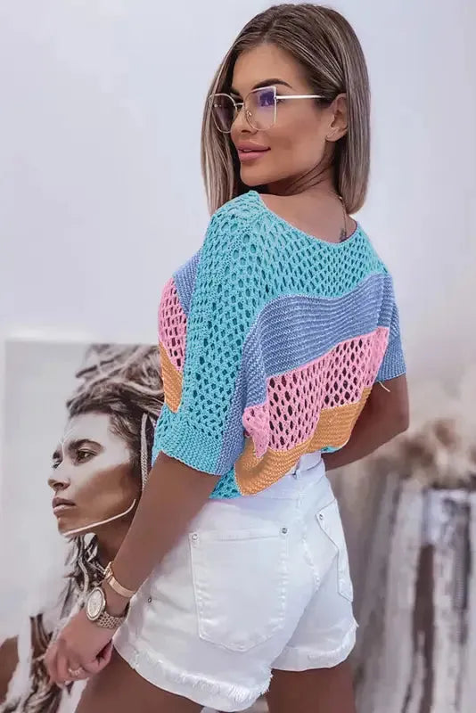 Eyelet Knit Striped Half Sleeves Top - Fashionfitz