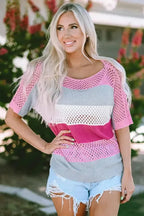 Eyelet Knit Striped Half Sleeves Top - Fashionfitz
