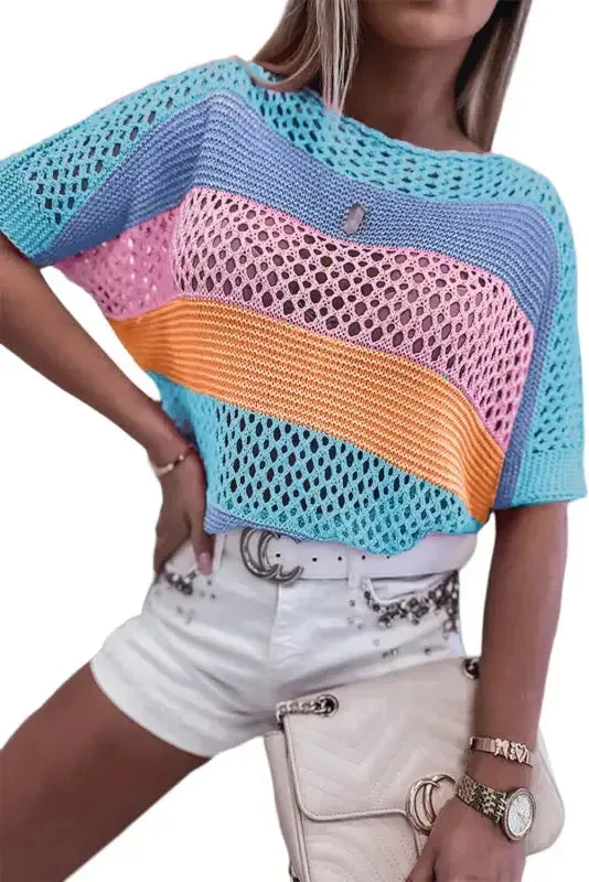 Eyelet Knit Striped Half Sleeves Top - Fashionfitz