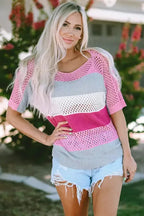 Eyelet Knit Striped Half Sleeves Top - Fashionfitz