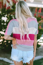 Eyelet Knit Striped Half Sleeves Top - Fashionfitz
