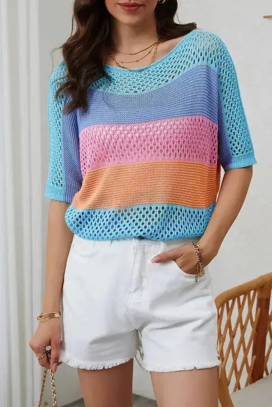 Eyelet Knit Striped Half Sleeves Top - Fashionfitz