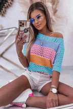 Eyelet Knit Striped Half Sleeves Top - Fashionfitz