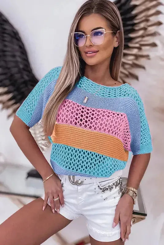 Eyelet Knit Striped Half Sleeves Top - Fashionfitz